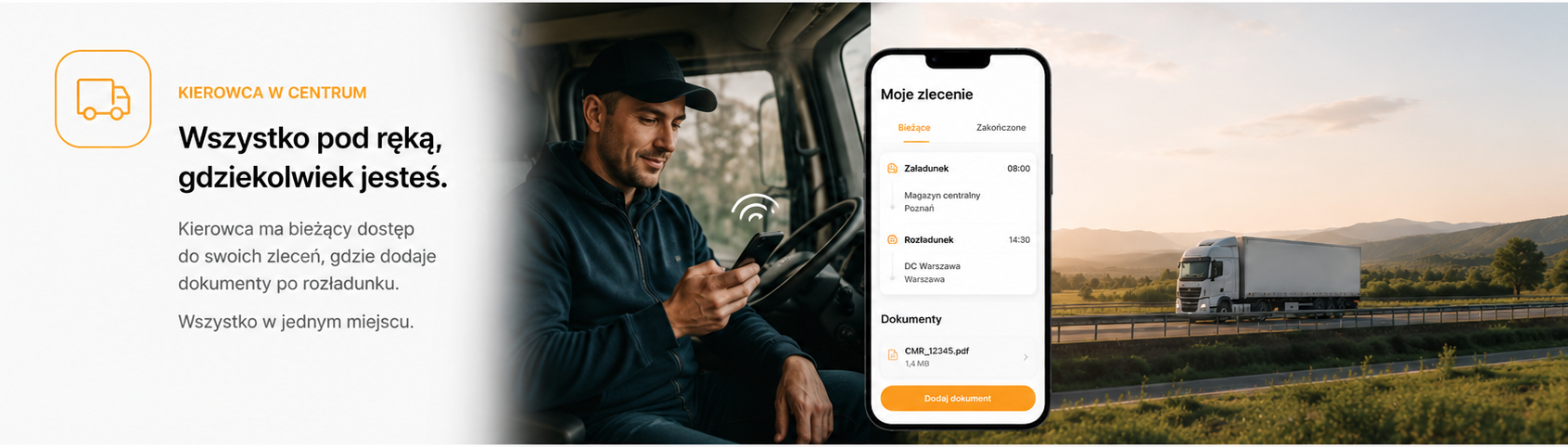 Kierowca korzysta z mobilnego widoku SupplyTMS i dodaje dokumenty po rozładunku